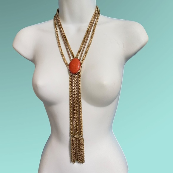 CHARMING CHARLIE Orange & Gold Chain Tassel Necklace - Picture 7 of 7